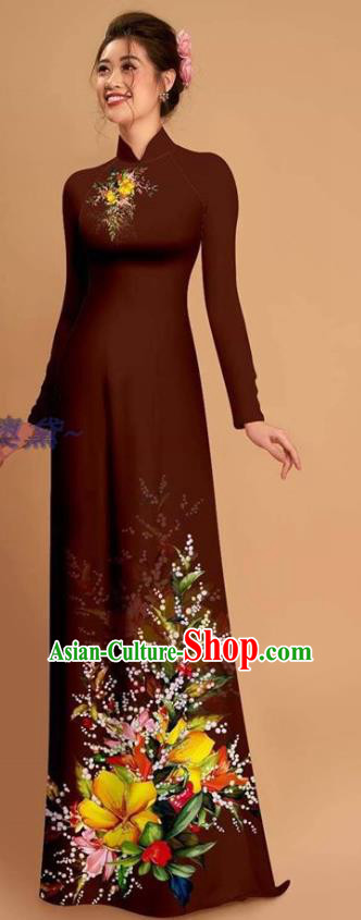 Traditional Vietnamese Bride Maroon Ao Dai Qipao Dress and Pants Asian Vietnam Classical Printing Flowers Cheongsam Costumes