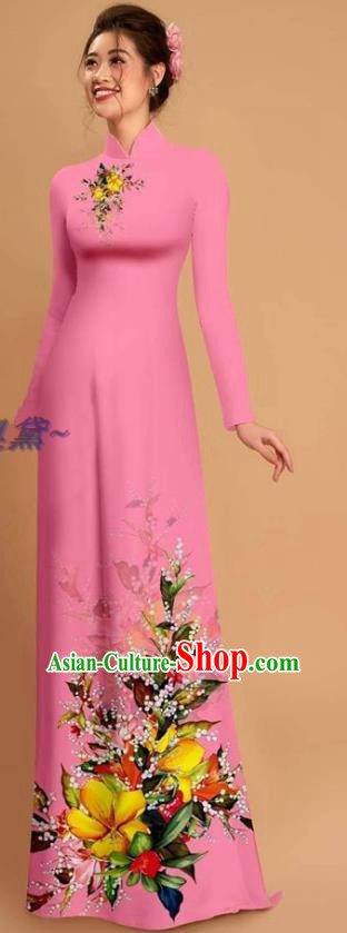 Traditional Vietnamese Bride Pink Ao Dai Qipao Dress and Pants Asian Vietnam Classical Printing Flowers Cheongsam Costumes