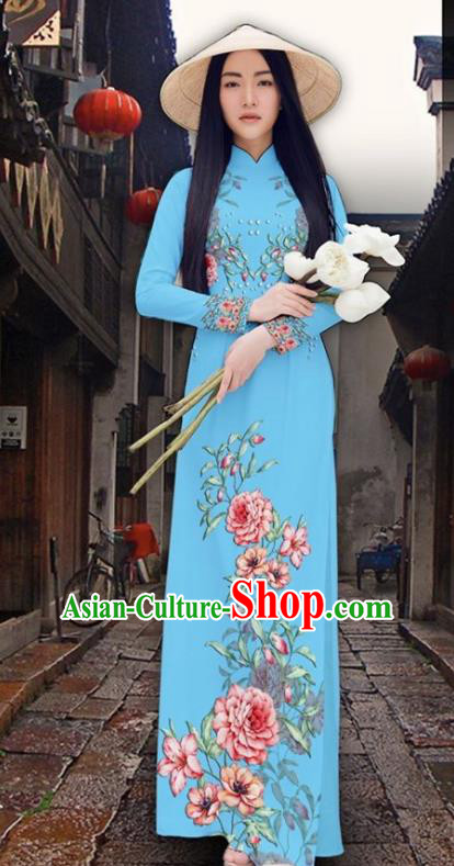 Asian Vietnam Court Classical Cheongsam Traditional Vietnamese Printing Peony Blue Ao Dai Qipao Dress and Loose Pants Women Costumes