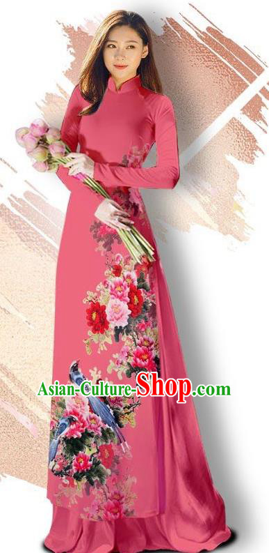 Asian Vietnam Classical Court Cheongsam Traditional Vietnamese Printing Peony Bird Pink Ao Dai Qipao Dress and Loose Pants Women Costumes