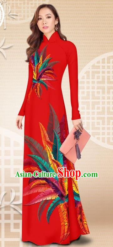 Asian Vietnam Female Classical Red Cheongsam Costumes Traditional Vietnamese Printing Petard Pattern Ao Dai Qipao Dress and Loose Pants