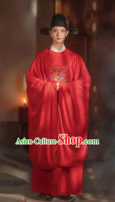 Chinese Ming Dynasty Wedding Historical Costumes Traditional Ancient Official Hanfu Apparels Embroidered Red Robe for Men