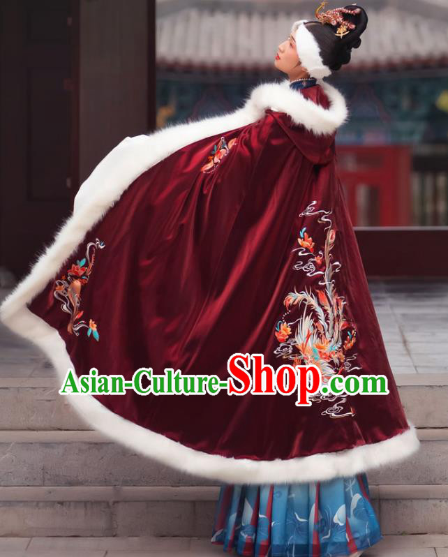 Chinese Ming Dynasty Countess Historical Costumes Traditional Ancient Noble Women Hanfu Apparels Embroidered Wine Red Wool Cape