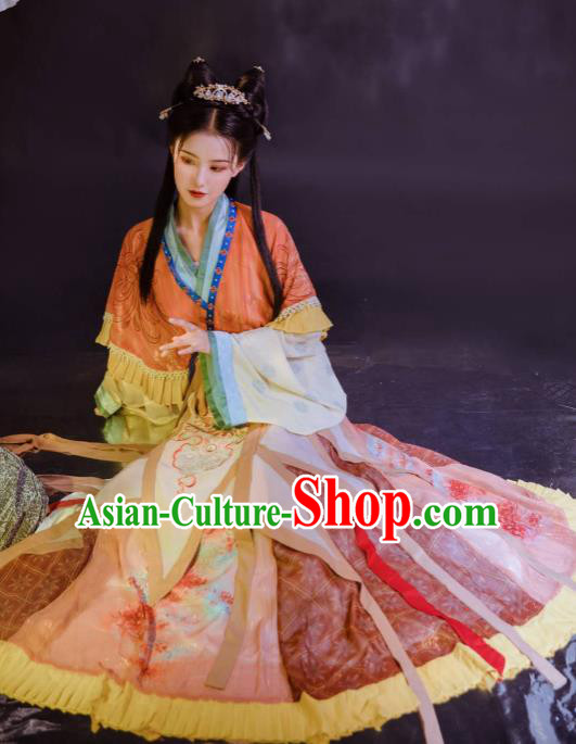 Chinese Jin Dynasty Infanta Historical Costumes Traditional Hanfu Apparels Ancient Palace Princess Embroidered Dress for Women