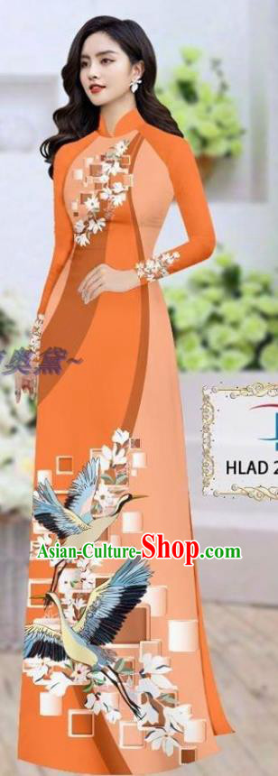 Traditional Vietnamese Printing Magnolia Crane Orange Ao Dai Qipao Dress and Pants Asian Vietnam Stage Show Cheongsam Costumes