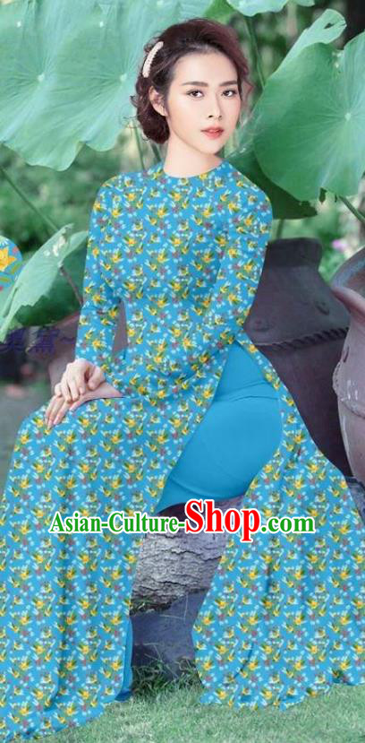 Traditional Custom Vietnamese Blue Ao Dai Qipao Dress and Pants Asian Vietnam Stage Show Cheongsam Female Costumes