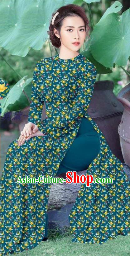 Custom Vietnamese Traditional Ao Dai Dress and Pants Asian Vietnam Teal Qipao Women Cheongsam National Costumes