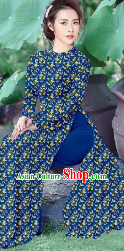 Vietnamese Traditional Ao Dai Dress Asian Vietnam Costume Custom Cheongsam Women Deep Blue Qipao and Pants Uniforms