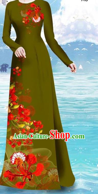 Army Green Asian Vietnamese Cheongsam Custom Qipao and Pants Uniforms Vietnam Women Ao Dai Dress Traditional Printing Cockscomb Pattern Costume