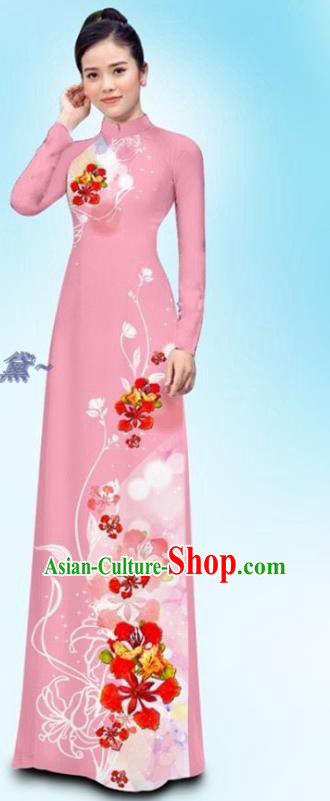 Traditional Vietnamese Pink Uniforms Female Clothing Ao Dai Cheongsam and Pants Asian Vietnam Custom Qipao Dress