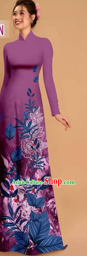 Custom Vietnam Traditional Purple Ao Dai Dress Asian Vietnamese Costume Printing Qipao with Pants Uniforms