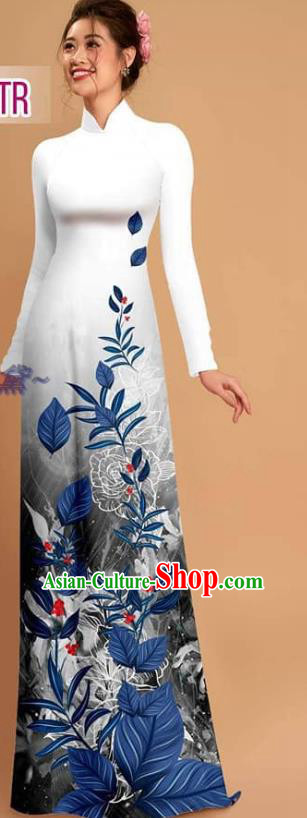 Asian Vietnam Ao Dai Dress Vietnamese Custom Uniforms Traditional Costume Printing White Qipao with Pants