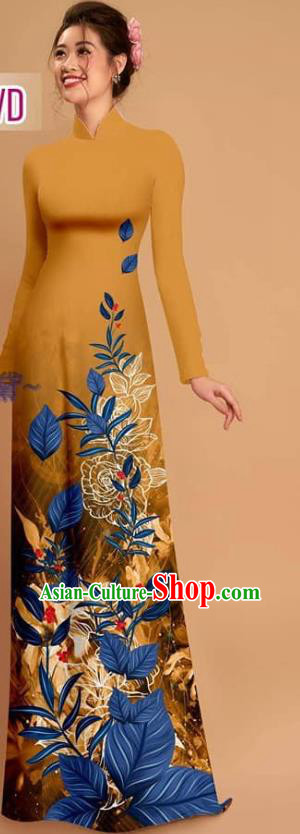 Custom Asian Vietnam Ginger Ao Dai Dress Traditional Printing Qipao with Pants Costume Vietnamese Uniforms