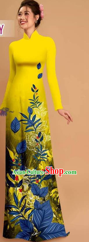 Custom Vietnamese Yellow Uniforms Asian Vietnam Ao Dai Dress Traditional Printing Qipao with Pants Costume