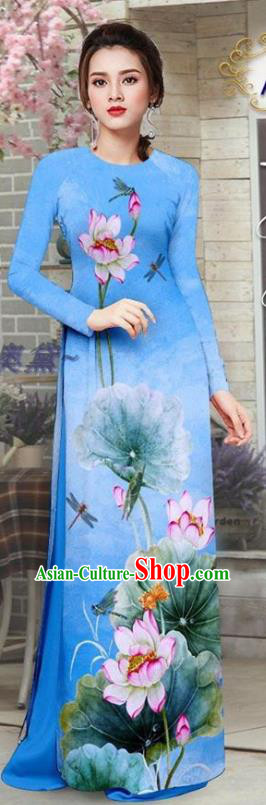 Asian Vietnam Traditional Costume Printing Lotus Qipao Dress with Pants Custom Vietnamese Blue Ao Dai Uniforms