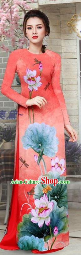 Asian Vietnam Printing Lotus Watermelon Red Qipao Dress with Pants Custom Vietnamese Ao Dai Uniforms Traditional Costume