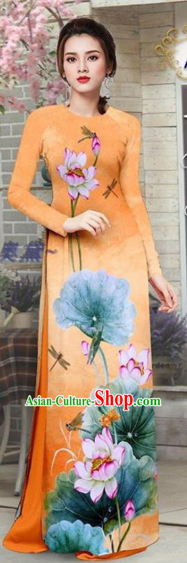 Custom Asian Vietnam Ao Dai Uniforms Vietnamese Traditional Costume Printing Lotus Orange Qipao Dress with Pants