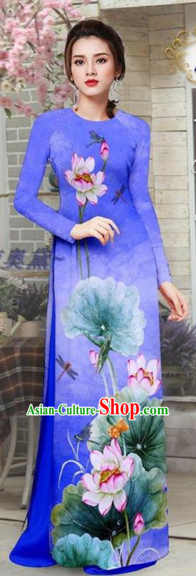 Custom Asian Vietnam Printing Lotus Royalblue Ao Dai Uniforms Vietnamese Traditional Qipao Dress with Pants Costume