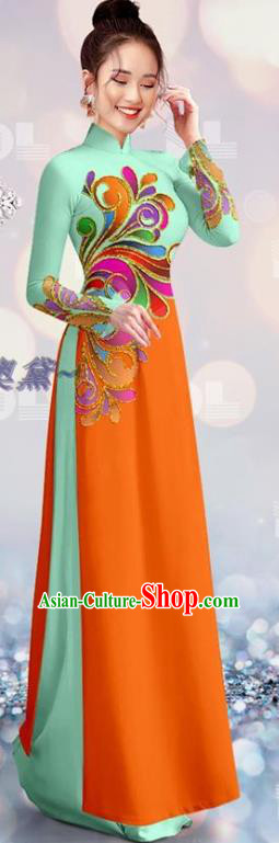 Custom Asian Orange and Green Cheongsam Traditional Vietnamese Bride Ao Dai Uniforms Qipao Dress with Pants Vietnam Costume