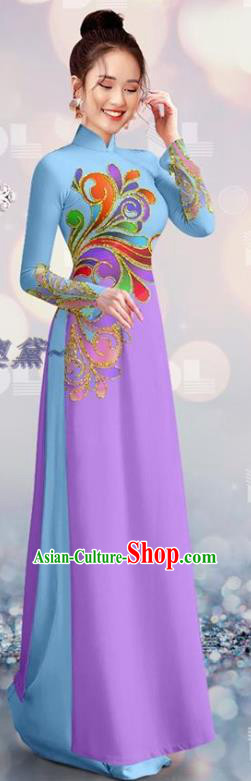 Asian Traditional Vietnamese Bride Ao Dai Uniforms Qipao Dress with Pants Vietnam Costume Custom Blue and Lilac Cheongsam