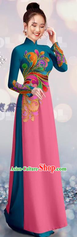 Vietnam Qipao Dress with Pants Costume Custom Navy and Pink Cheongsam Asian Traditional Vietnamese Bride Ao Dai Uniforms