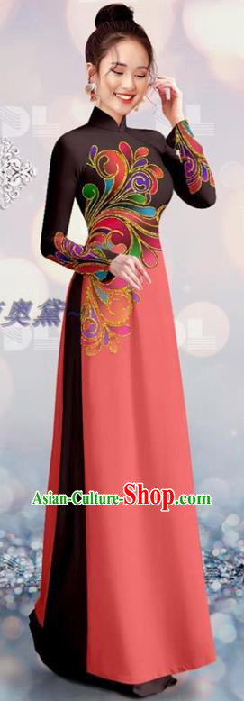 Vietnam Cheongsam Asian Vietnamese Custom Costume Traditional Bride Uniforms Black and Pink Ao Dai Qipao Dress with Pants