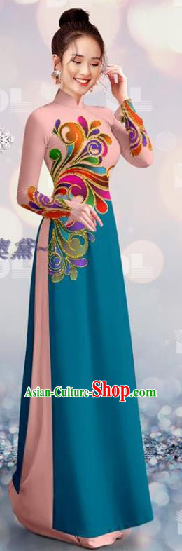 Vietnam Custom Costume Cheongsam Asian Vietnamese Pink and Navy Ao Dai Qipao Dress with Pants Traditional Bride Uniforms