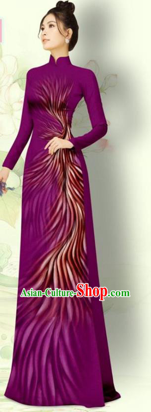 Vietnamese Traditional Bride Uniforms Asian Vietnam Custom Ao Dai Costume Purple Qipao Dress with Pants