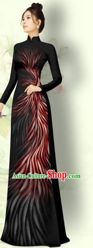 Vietnamese Black Qipao Dress with Pants Traditional Bride Uniforms Asian Vietnam Custom Ao Dai Costume