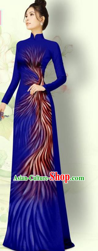 Vietnamese Traditional Bride Ao Dai Qipao with Pants Uniforms Asian Vietnam Custom Royalblue Dress Costume