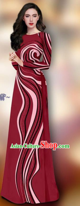 Wine Red Vietnam Dress Custom Uniforms Traditional Asian Ao Dai Clothing Vietnamese Woman Cheongsam and Pants