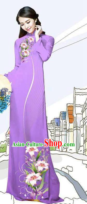 Asian Vietnam Cheongsam Traditional Bride Lilac Long Dress with Pants Custom Printing Lily Flowers Ao Dai Costume Vietnamese Uniforms