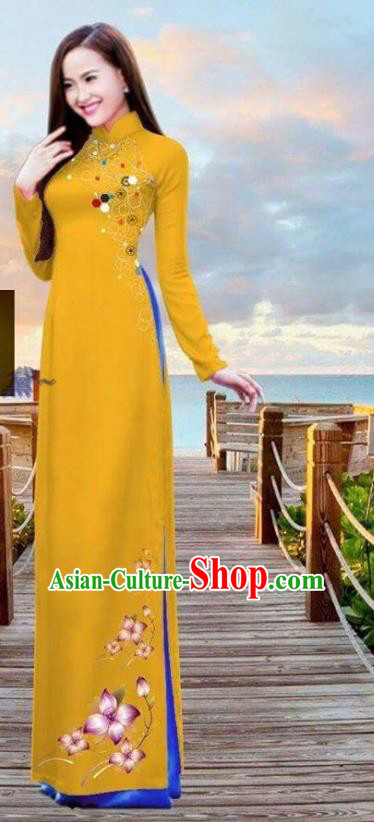 Vietnamese Custom Yellow Ao Dai Costume Asian Vietnam Cheongsam Uniforms Traditional Bride Long Dress with Pants