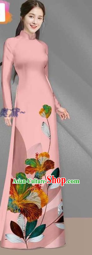 Light Pink Asian Custom Vietnam Women Ao Dai Costume Vietnamese Traditional Bride Long Dress with Pants Cheongsam Uniforms