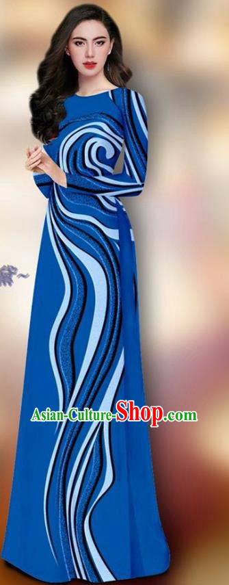 Traditional Vietnam Dress Ao Dai Clothing Asian Vietnamese Cheongsam and Pants Custom Royalblue Uniforms