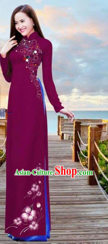 Vietnamese Custom Amaranth Uniforms Traditional Bride Long Dress with Pants Ao Dai Costume Asian Vietnam Cheongsam