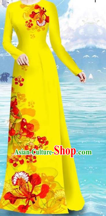 Asian Vietnamese Yellow Cheongsam and Pants Custom Uniforms Printing Cockscomb Pattern Qipao Dress Traditional Vietnam Ao Dai Clothing