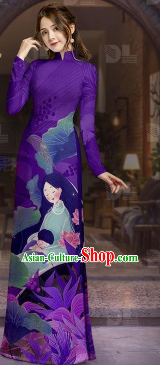 Vietnam Custom Purple Uniforms Asian Traditional Vietnamese Costume Ao Dai Clothing Printing Tunic Dress with Pants