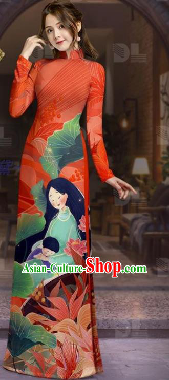 Jacinth Vietnam Custom Uniforms Asian Traditional Vietnamese Costume Printing Ao Dai Clothing Women Tunic Dress with Pants