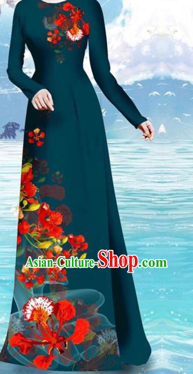 Vietnamese Female Atrovirens Cheongsam and Pants Custom Uniforms Printing Cockscomb Pattern Qipao Dress Asian Traditional Vietnam Ao Dai Clothing