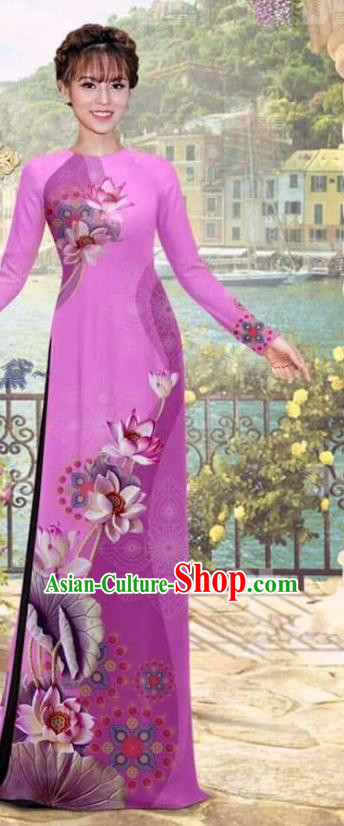 Asian Vietnam Bride Uniforms Traditional Vietnamese Costume Women Dress with Pants Printing Lotus Purple Ao Dai Clothing