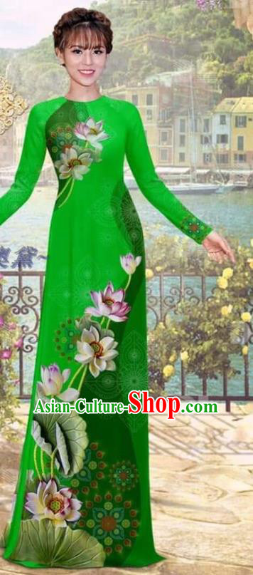 Deep Green Asian Vietnam Bride Uniforms Women Dress with Pants Printing Lotus Ao Dai Clothing Traditional Vietnamese Costume