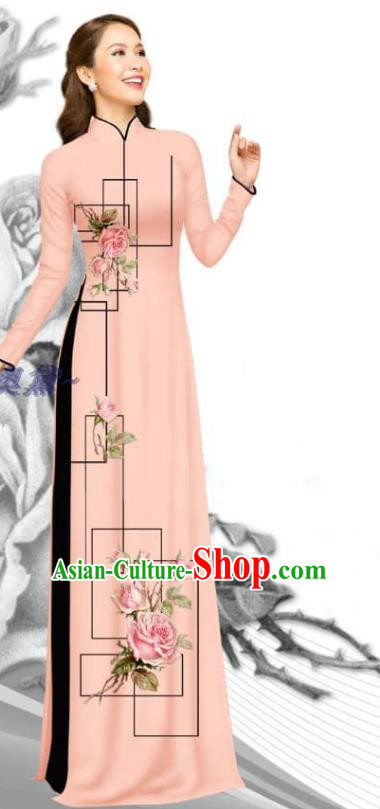 Asian Traditional Vietnam Women Printing Rose Pink Dress with Pants Uniforms Vietnamese Ao Dai Clothing Bride Costume