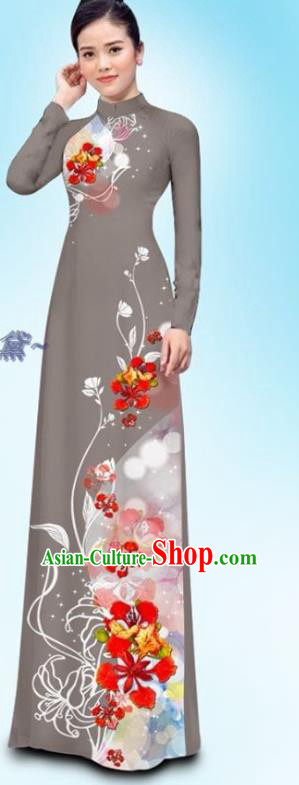 Traditional Vietnamese Clothing Female Grey Ao Dai Cheongsam and Pants Custom Asian Vietnam Qipao Dress Uniforms