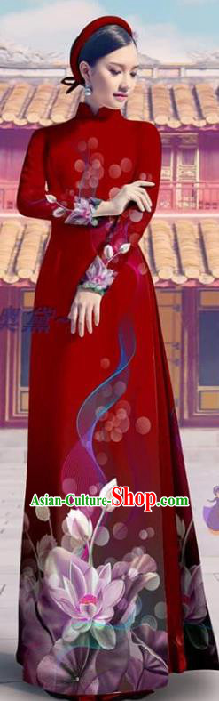 Asian Vietnamese Custom Red Ao Dai Dress Clothing Printing Cheongsam with Pants Traditional Vietnam Bride Costume