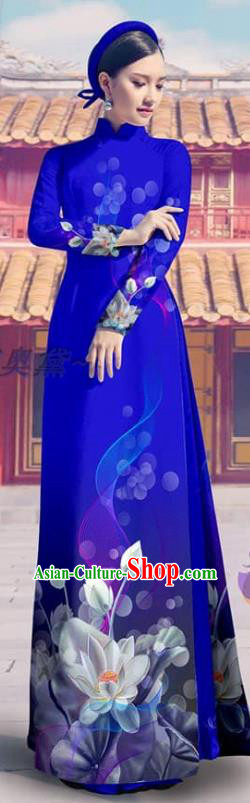 Vietnam Bride Printing Royalblue Cheongsam with Pants Custom Traditional Clothing Asian Vietnamese Ao Dai Dress Costume