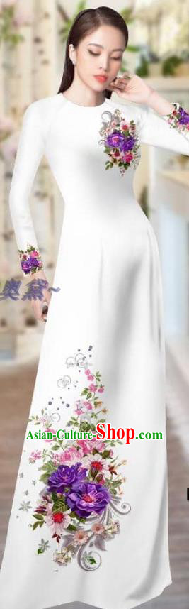 Vietnam Printing Cheongsam with Pants Traditional Clothing Asian Vietnamese Costume Custom White Ao Dai Dress