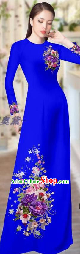 Vietnam Ao Dai Dress Custom Costume Traditional Female Clothing Asian Vietnamese Printing Royalblue Cheongsam with Pants