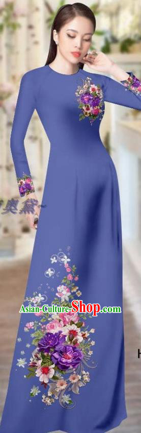 Vietnamese Printing Navy Blue Cheongsam with Pants Uniforms Vietnam Ao Dai Dress Asian Traditional Custom Costume