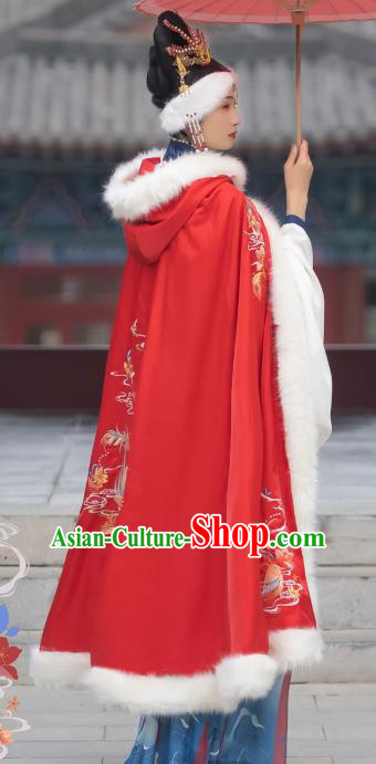 Chinese Ming Dynasty Infanta Cloak Historical Costumes Traditional Hanfu Apparels Ancient Princess Embroidered Red Cape for Women